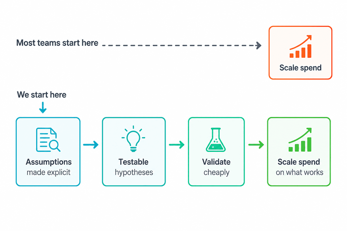 Most teams jump straight to scaling spend; we start by making assumptions explicit, turning them into testable hypotheses, validating cheaply, then scaling spend on what works